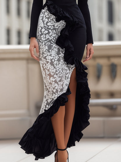 Long-Sleeve Asymmetric Ruffle Dress With Lace Contrast