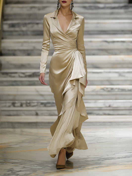 Champagne Satin Wrap Gown With Draped Ruffle Detail