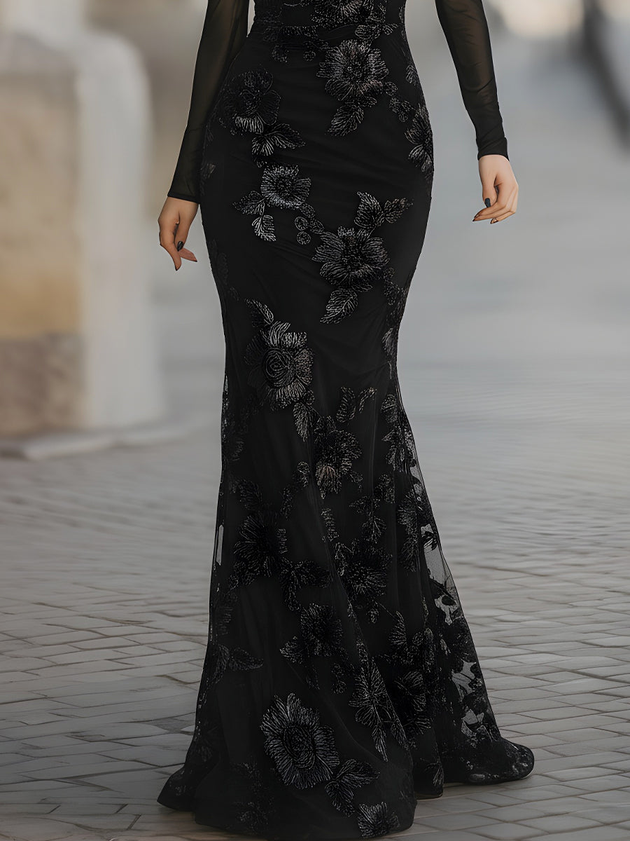 Floral Embroidered Off-Shoulder Mesh Sleeve Mermaid Gown