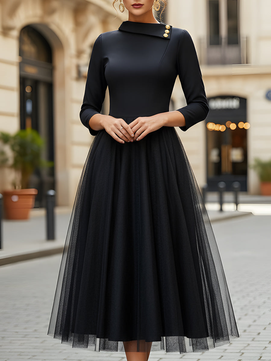 Satin And Tulle A-Line Midi Dress With Gold Button Detail