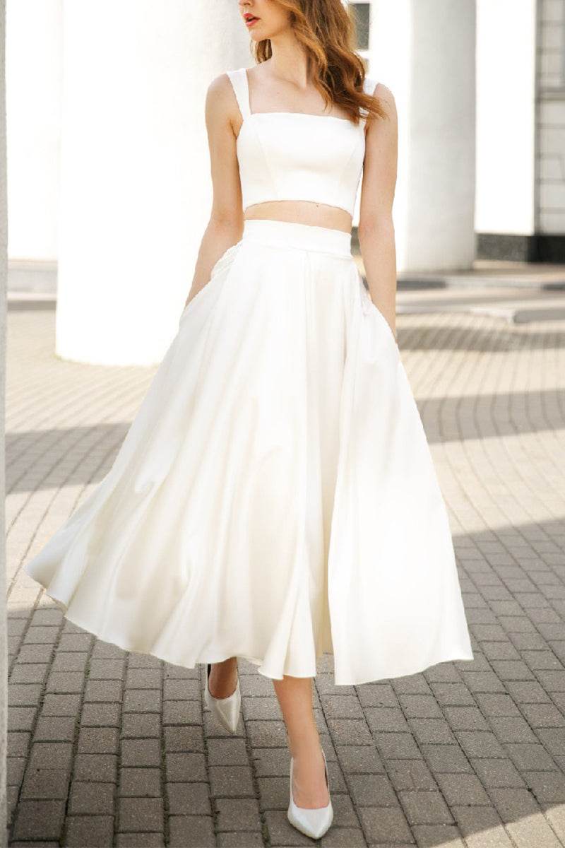 Satin Two-Piece Bridal Dress with Lace-Up Back, Pockets and Midi Skirt
