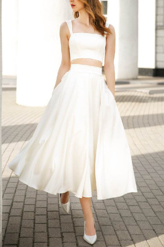 Satin Two-Piece Bridal Dress with Lace-Up Back, Pockets and Midi Skirt