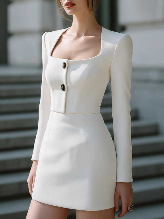 White Sculpted Square-Neck Mini Dress With Button Detail