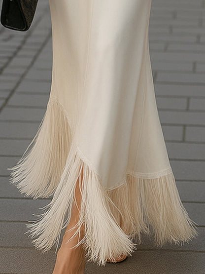 Stylish Plain Halter Fringe Hem Party Dress Wedding Guest Dresses