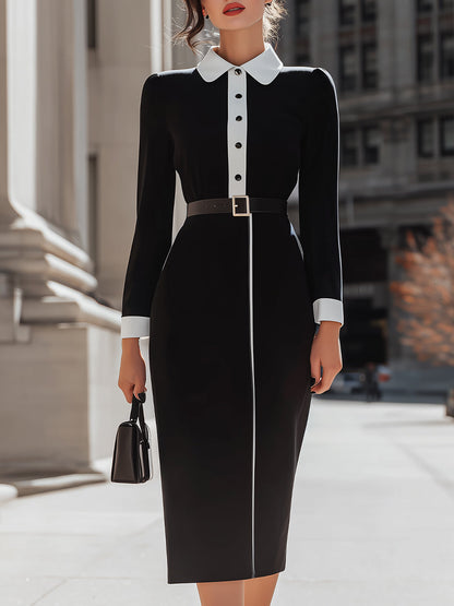Black And White Contrast Collar Belted Midi Dress