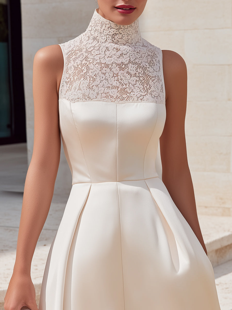 High-Neck Lace Panel Structured A-Line Midi Dress