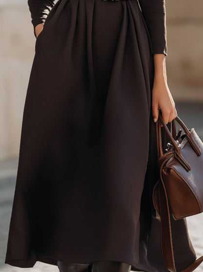 Chocolate Brown Belted Turtleneck Midi Dress
