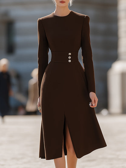 Button-Waist Long Sleeve Midi Dress In Espresso Brown