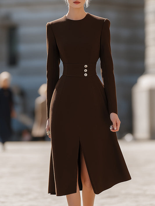 Button-Waist Long Sleeve Midi Dress In Espresso Brown