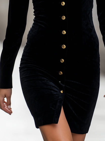 Velvet Gold-Button Shirt Dress