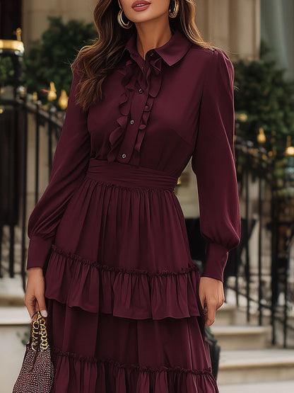 Burgundy Ruffled Shirt Midi Dress For Romantic Elegance
