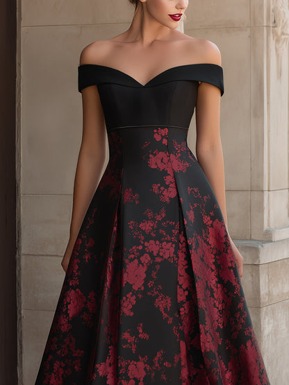 Off-Shoulder Floral Print A-Line Midi Dress