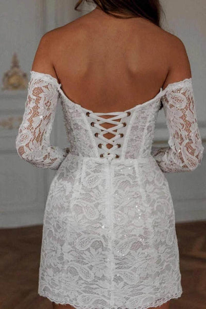 White Lace Off-Shoulder Corset Bridal Mini Dress with Long Sleeves