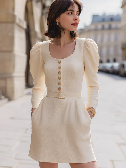 Elegant Belted Puff-Sleeve A-Line Dress With Button Detailing