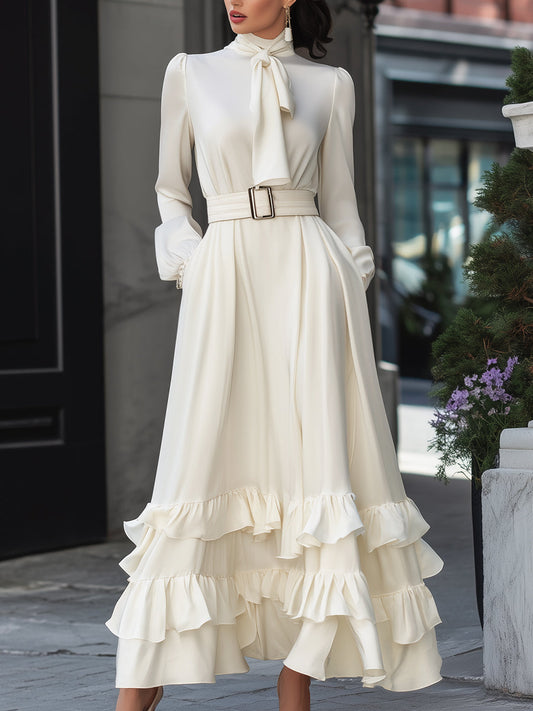 Ivory Ruffle Hem Belted Midi Dress With Bow Tie Neck