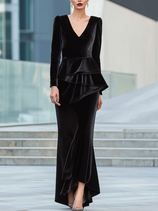 Obsidian Cascade Layered Velvet Gown
