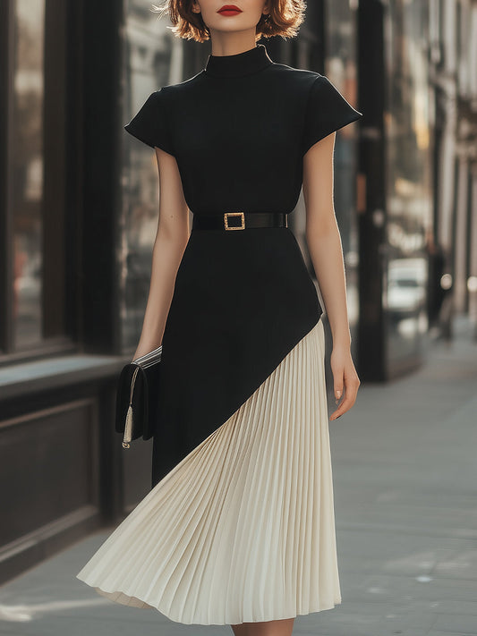 Elegant Black Top And Ivory Pleated Skirt Midi Dress