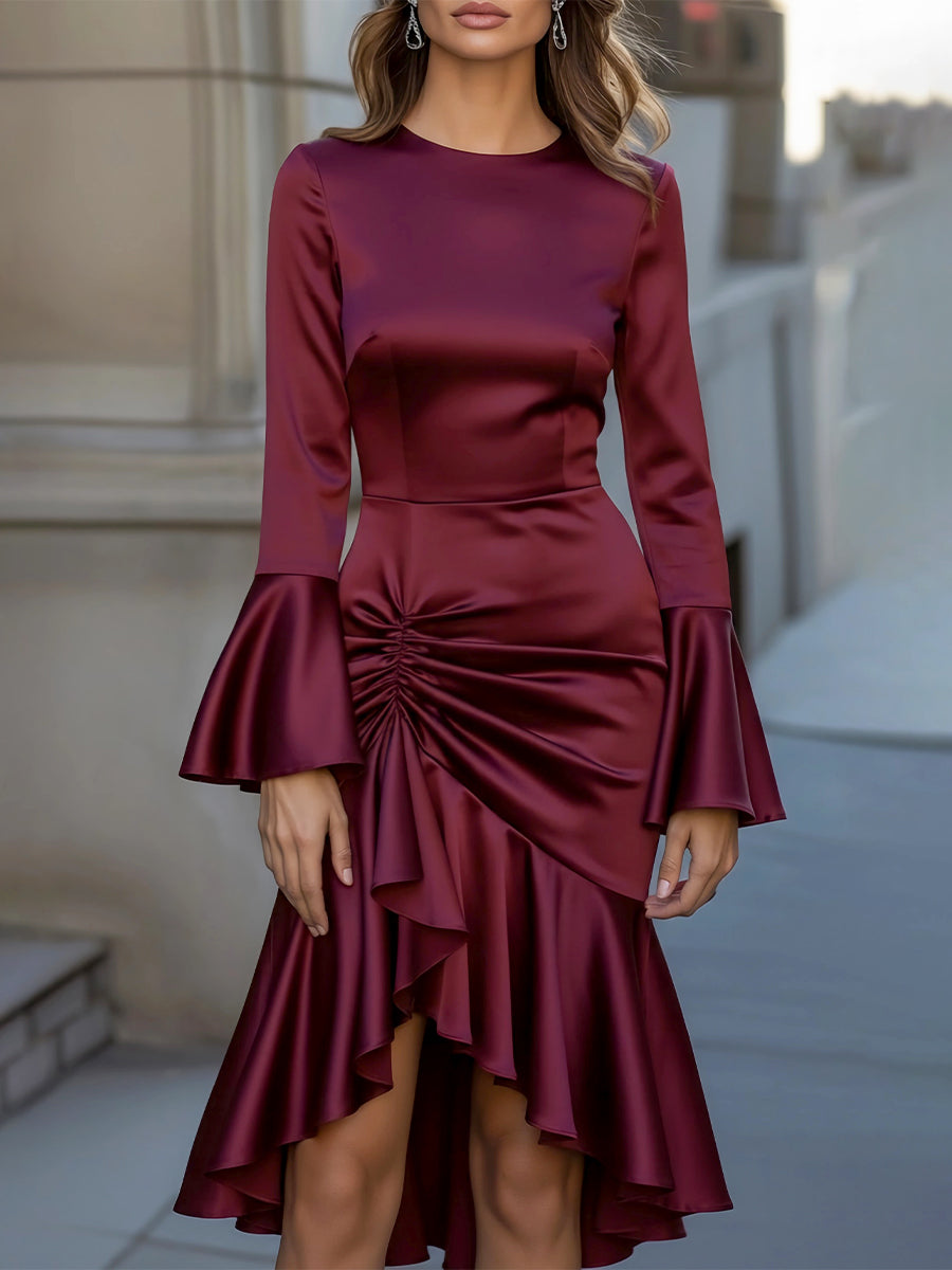 Satin Asymmetric Ruffle Hem Dress