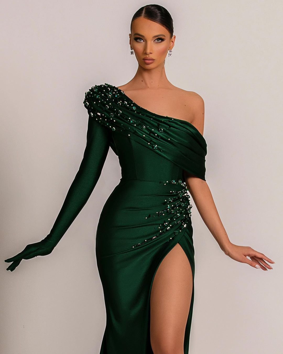 Emerald Green Evening Dress One Shoulder With Pearl Split Pleated