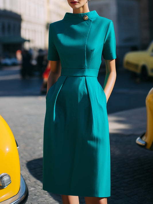 Asymmetric Button High-Neck Midi Dress In Teal Green