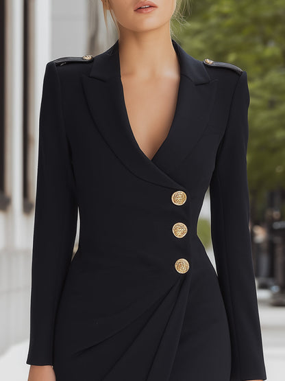 Elegant Black  Blazer Dress With Gold Buttons