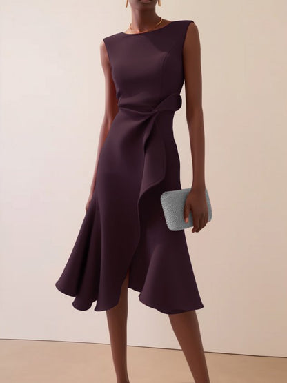 Red Sleeveless Midi Elegant A-line Dress
