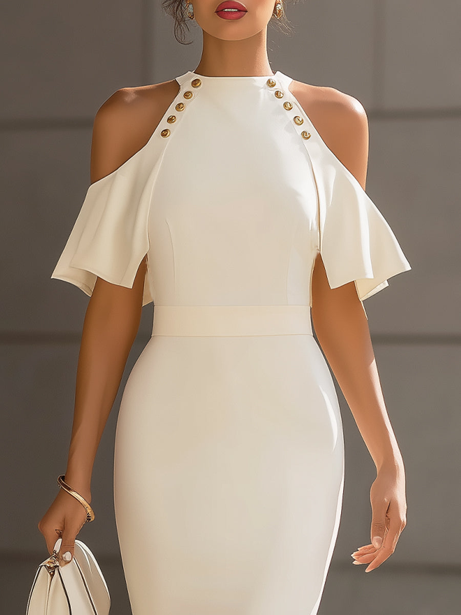 White Cold Shoulder Gold Button Ruffle Midi Sheath Dress