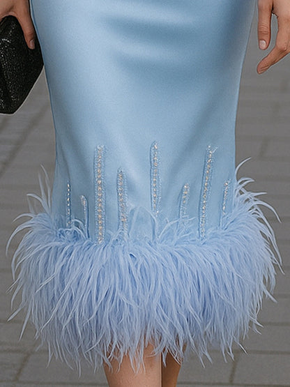 Elegant  Blue Satin Feather-Hem Midi Dress Wedding Guest Dresses
