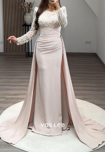 Long Sleeves Beaded Lace Mermaid Formal Dresses with With Sweep Train