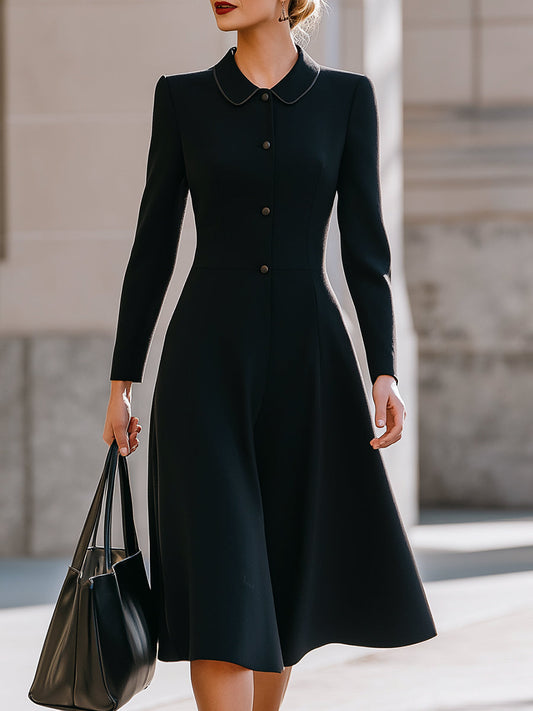 Black Vintage-Inspired Peter Pan Collar Midi Dress