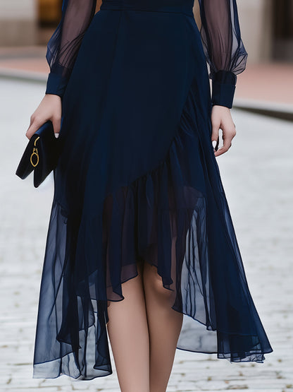Elegant Navy Blue Sheer Sleeve Midi Dress