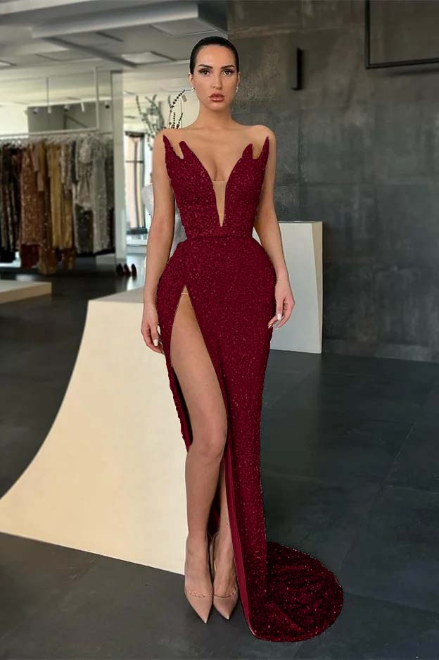 Sleeveless Strapless Evening Dress Sequins Mermaid With Split