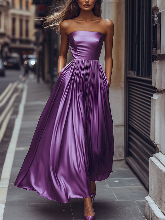 Lilac Strapless Pleated Satin A-Line Dress