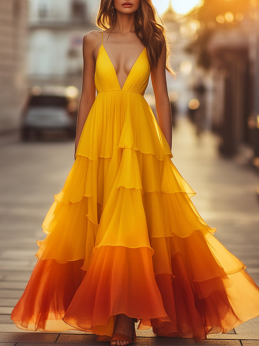Sunset Ombre Ruffle Maxi Dress Wedding Guest Dresses