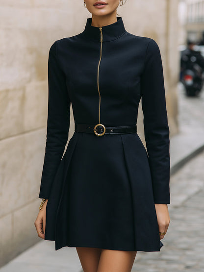 High-Neck Zip-Up Fit-and-Flare Dress In Midnight Black