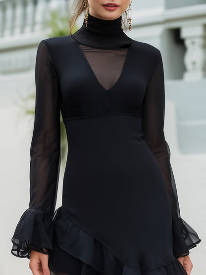 Sheer Sleeve Asymmetric Ruffle Dress