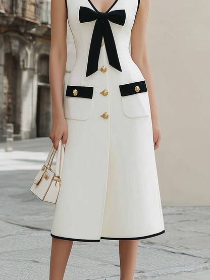 Elegant White Black Contrast Bow Midi Dress