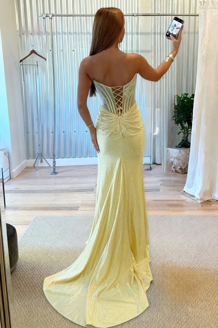 Mermaid Scoop Neck Hot Fix Satin Prom Dress with Slit