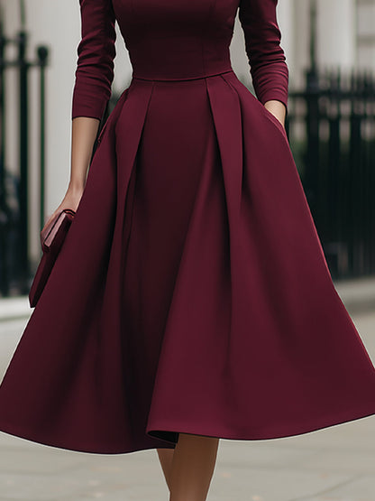 Elegant Square-Neck Plain A-Line Midi Dress