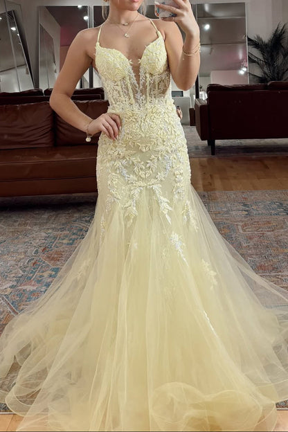 Cute Mermaid Sweetheart Daffodil Tulle Long Prom Dress with Appliques