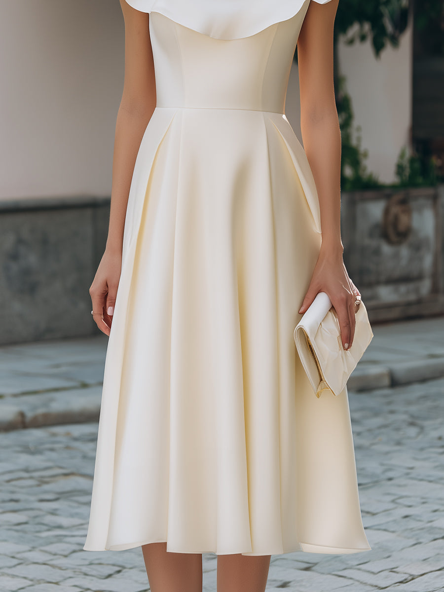 Ruffled Neckline Cap-Sleeve A-Line Midi Dress