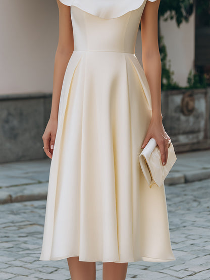 Ruffled Neckline Cap-Sleeve A-Line Midi Dress