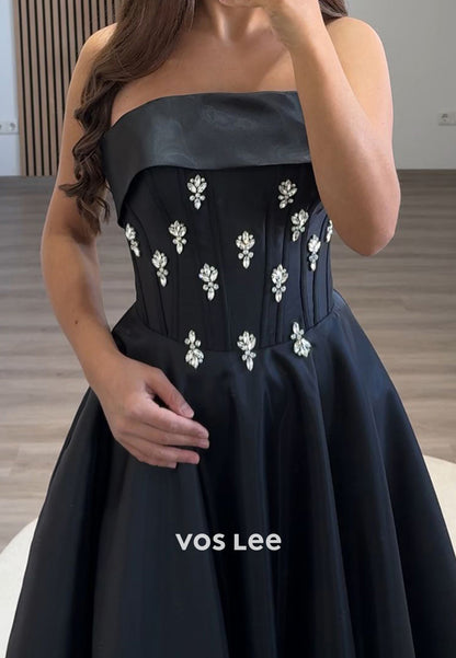 Beaded Crystal Strapless A-Line Satin Homecoming Evening Prom Dress Ball Gown