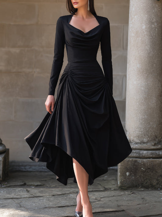 Draped Asymmetric Midi Dress With Sculpted Waist