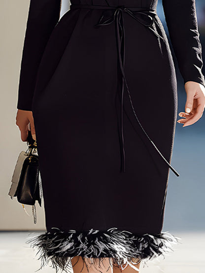 Elegant Feather-Hem Midi Dress With Waist Tie