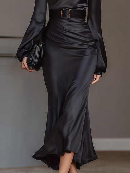 VOS LEE High-Neck Satin Midi Dress With Belted Waist