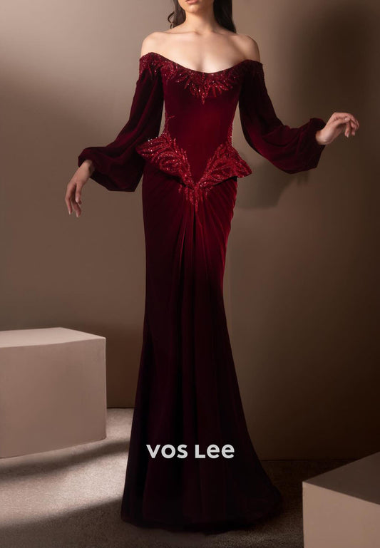 Cabernet Velvet Beading Sequins Long Sleeves Mermaid Long Formal Dress