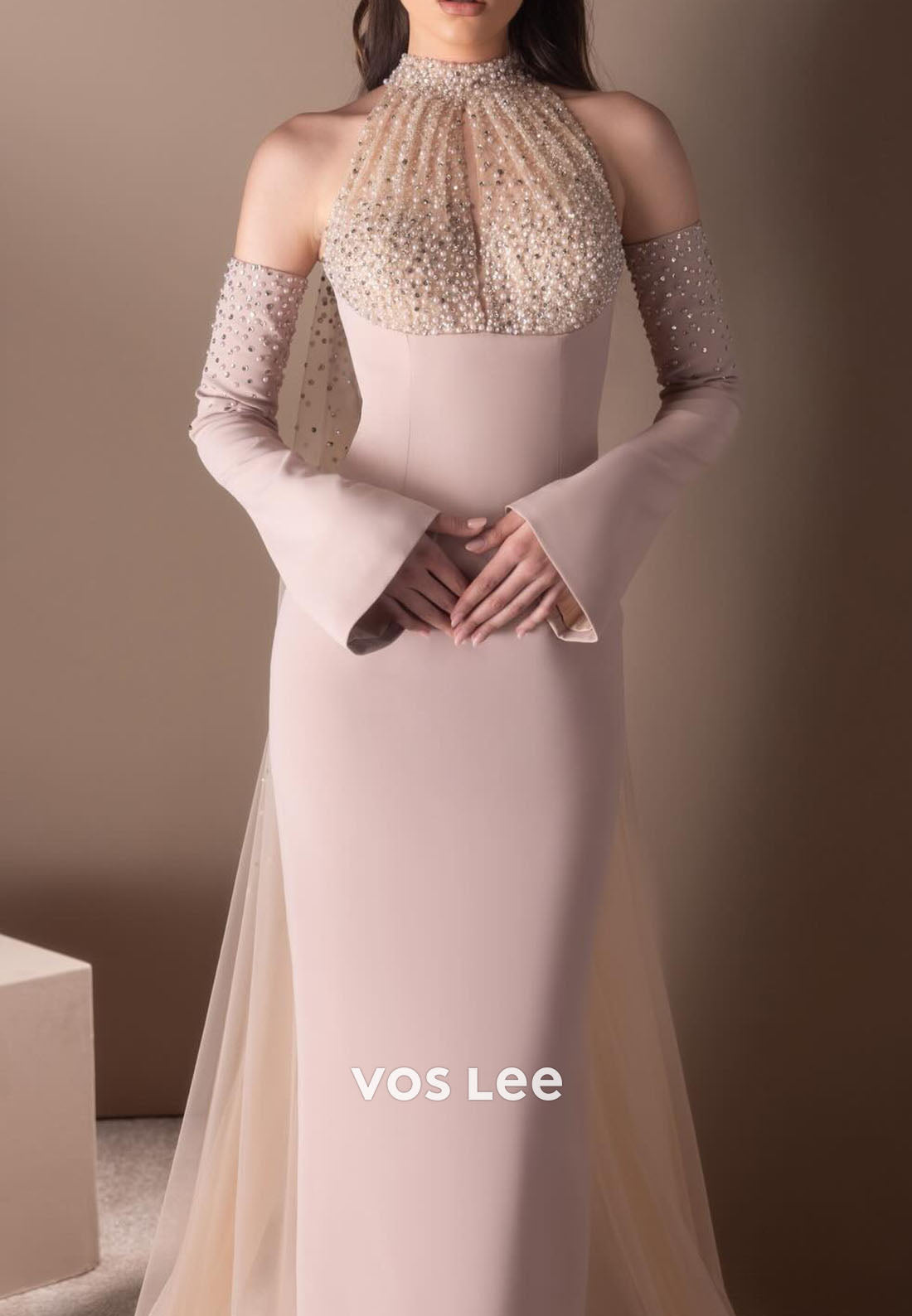 Elegant Pink Beading Pearls With Detachable Sleeves Cloumn Long Formal Dress