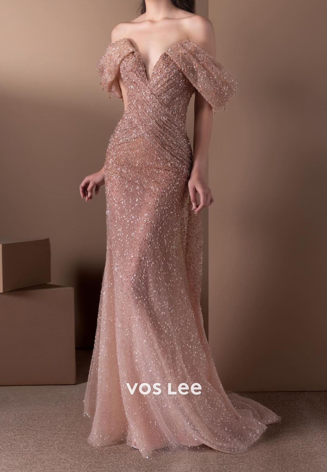 Sparkling Off the Shoulder Sequins Mermaid Floor-Length Pleat Evening Dresses Gliiter Dress