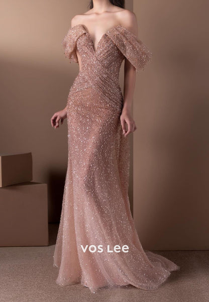 Sparkling Off the Shoulder Sequins Mermaid Floor-Length Pleat Evening Dresses Gliiter Dress
